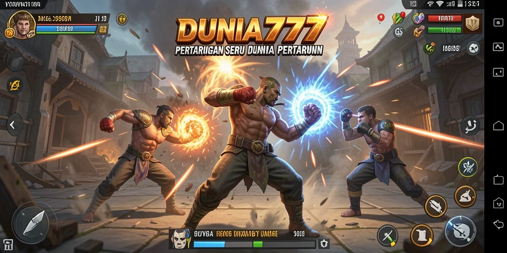 Screenshot DUNIA777 menampilkan pertarungan epik antara karakter dengan efek visual menarik.