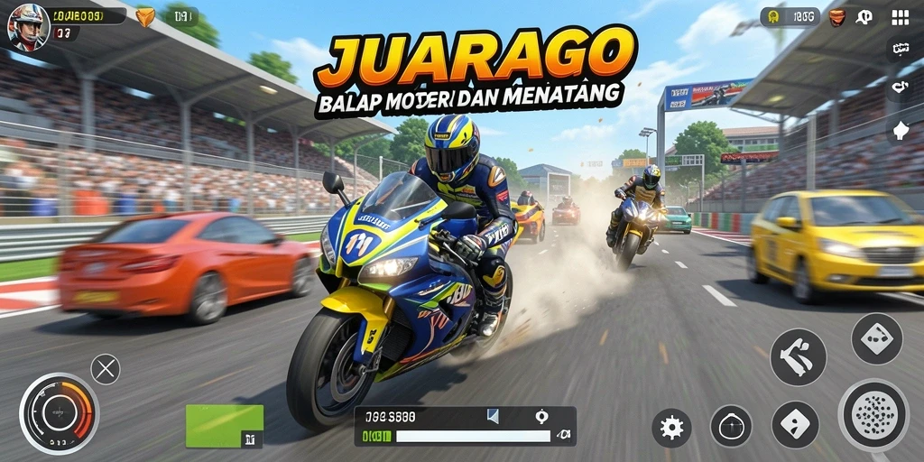 Screenshot JUARAGO menampilkan aksi balap motor yang mendebarkan.