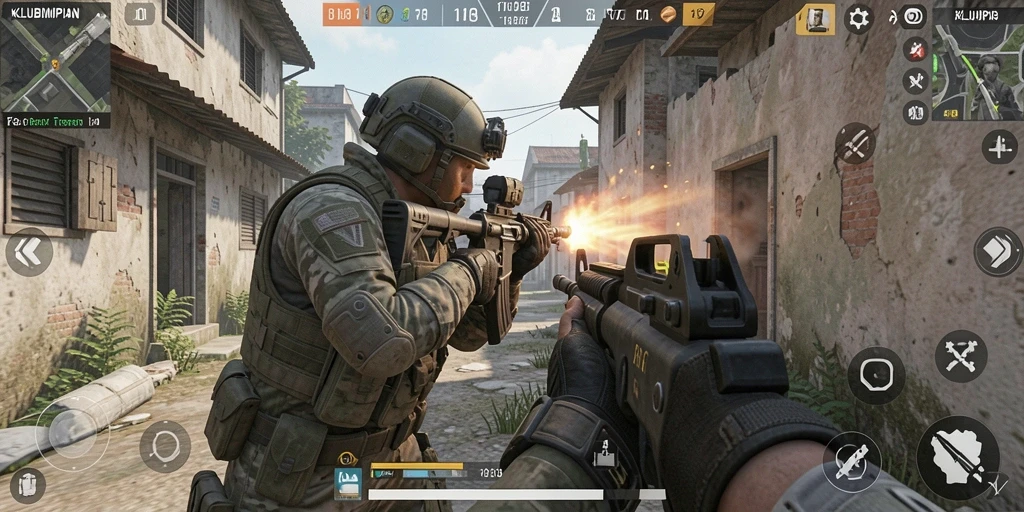 Gameplay seru di dalam KLUBIMPIAN dengan aksi menembak intens.