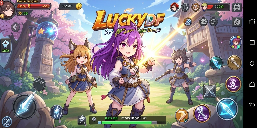 Screenshot utama dari gameplay LUCKYDF dengan karakter anime yang beraksi.