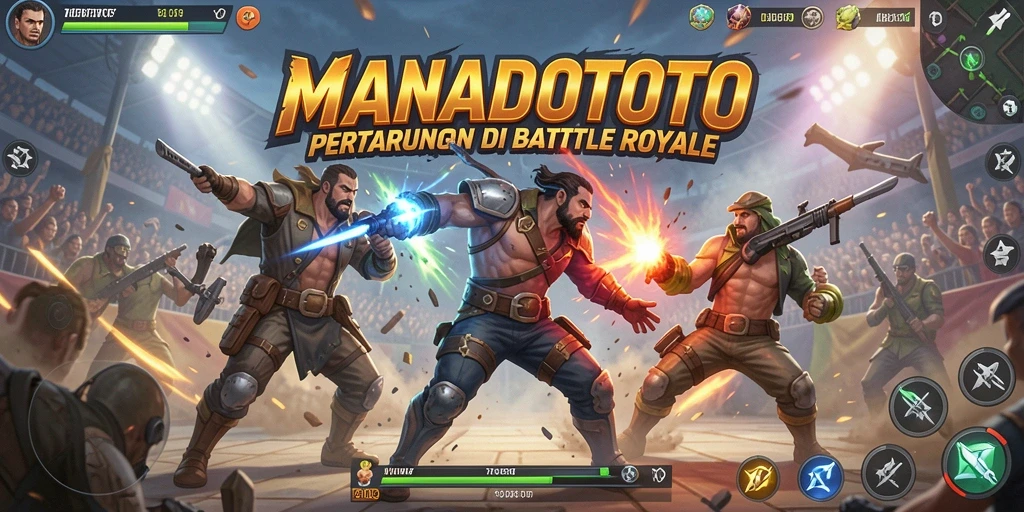Screenshot gameplay seru di MANADOTOTO menunjukkan pertarungan Battle Royale.