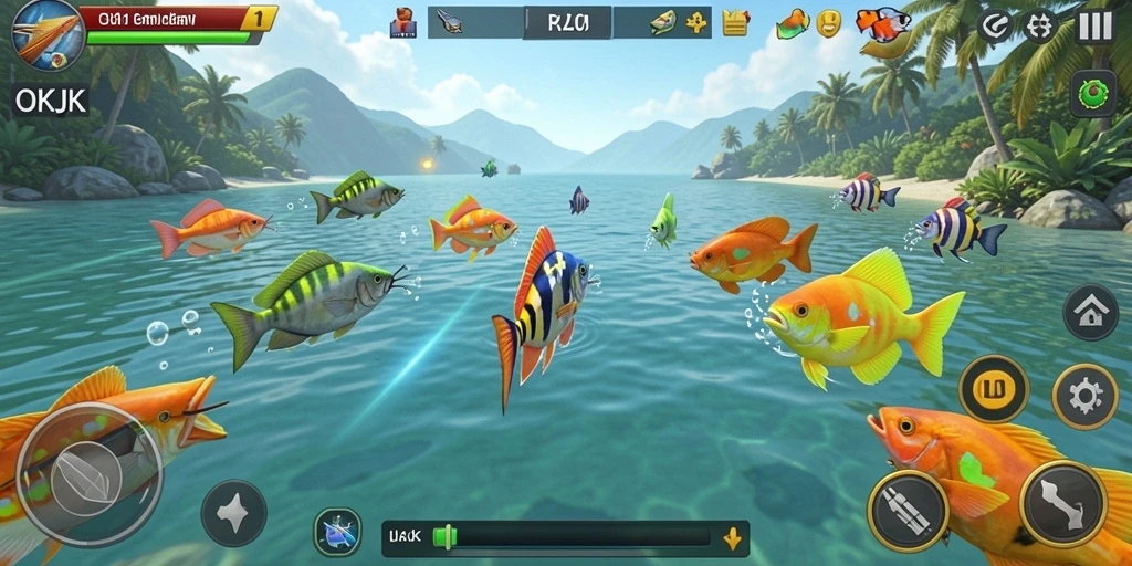 Tangkapan layar gameplay OKJK yang mengasyikkan dalam tema tembak ikan.