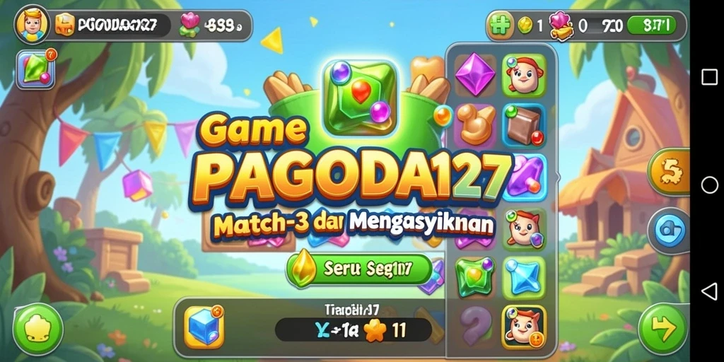 Screenshot utama PAGODA127 menampilkan gameplay seru Match-3 yang penuh warna.